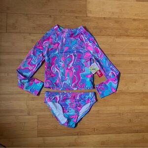 NWT Girls Size 10 Butterfly Swirl Long Sleeve Rashguard Swimsuit Set